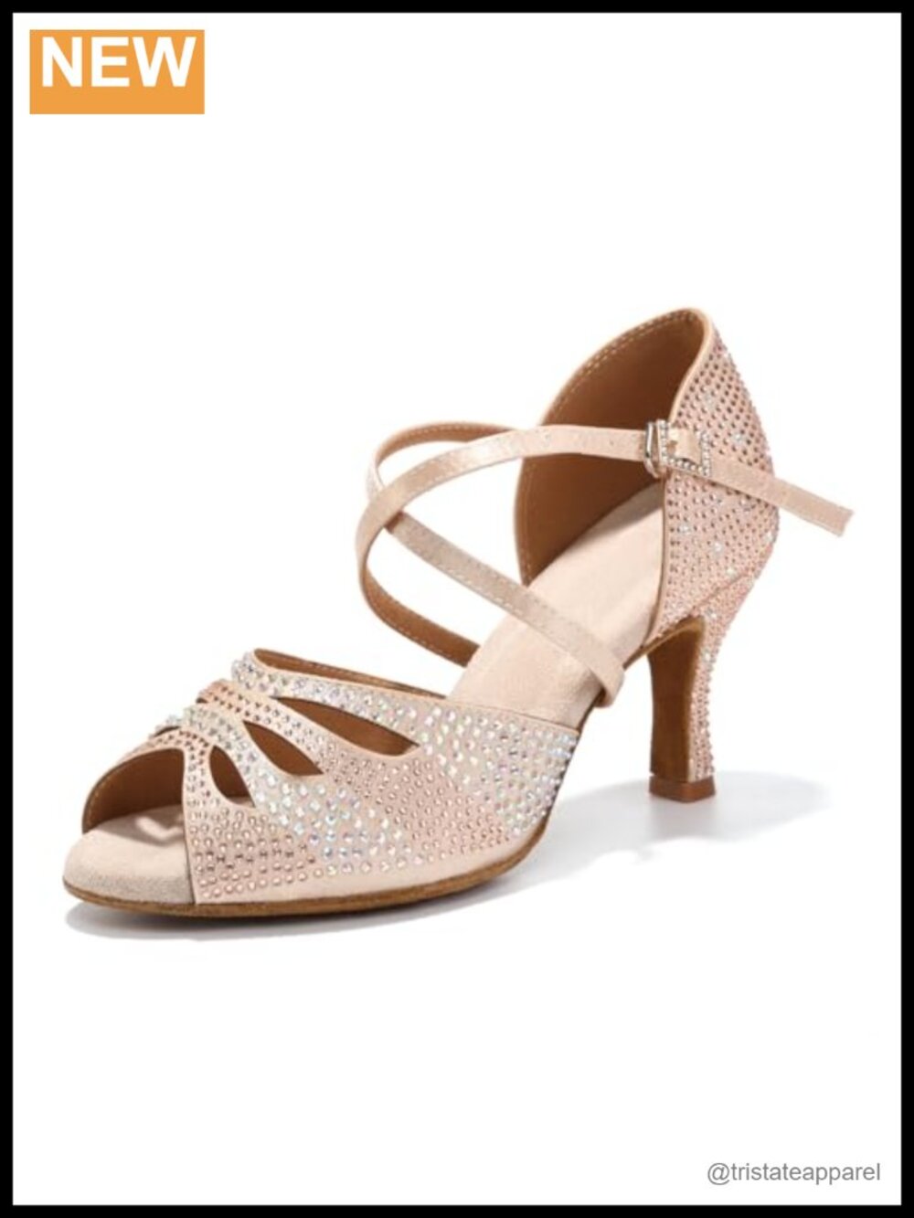 Rhinestones Satin Latin Ballroom Dance Shoes Peep Toe Ankle Strap Suede Sole